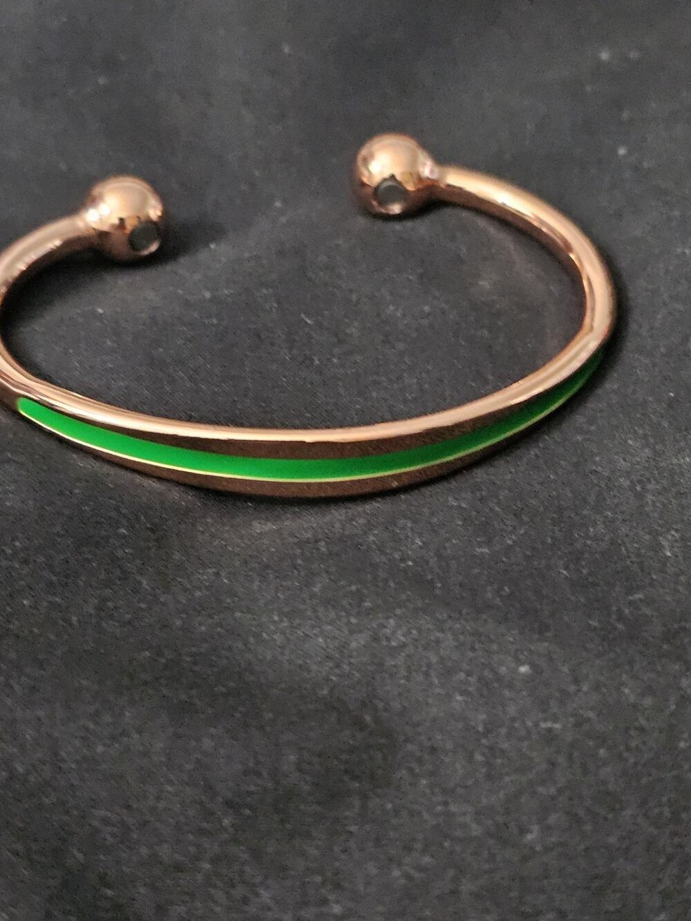 100% Copper Magnetic green Stripe cuff bangle Bracelet w/ball ends-adjustable